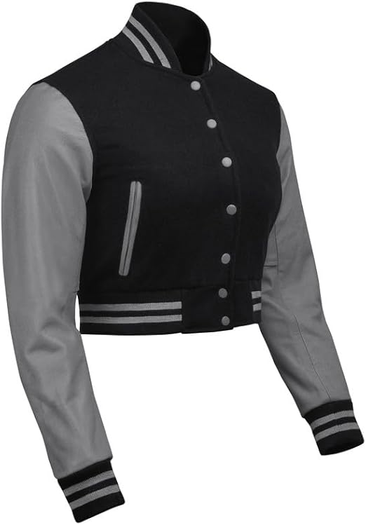 Cropped Varsity Jacket Women – Letterman Jacket Woman with 100% Cowhide Leather Sleeves & Wool Body – Baseball Jacket for Woman – Button Closure
