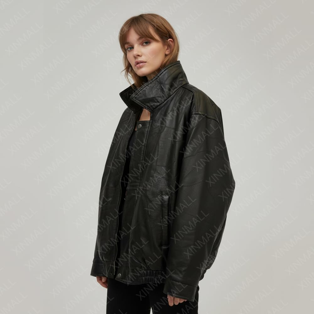 XINMALL Men’s Genuine Leather Motorcycle Jacket Black Bomber Style Zip-Up Baseball Collar Biker Leather Coat (US, Alpha, Medium, Regular, Regular)