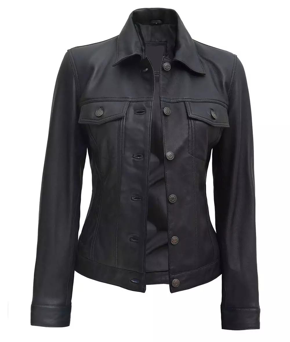 AKS Mode Fernando Women Black Leather Trucker Jacket | Solid Black Leather Women Jacket (3X-Large)