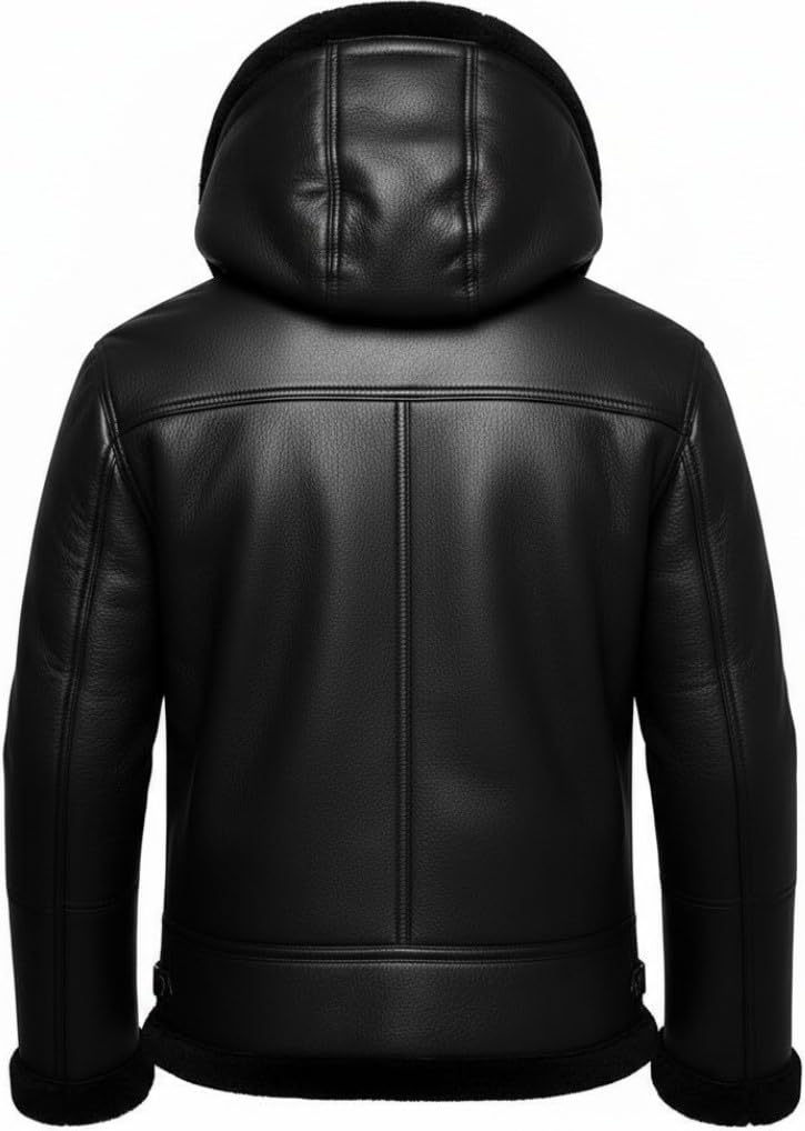 Men's B3 Bomber Shearling Leather Jacket with Hood - RAF Aviator Flight Pilot WWII Real Genuine Bomber Leather Jacket for men (US, Alpha, X-Large, Regular, Regular, Black)