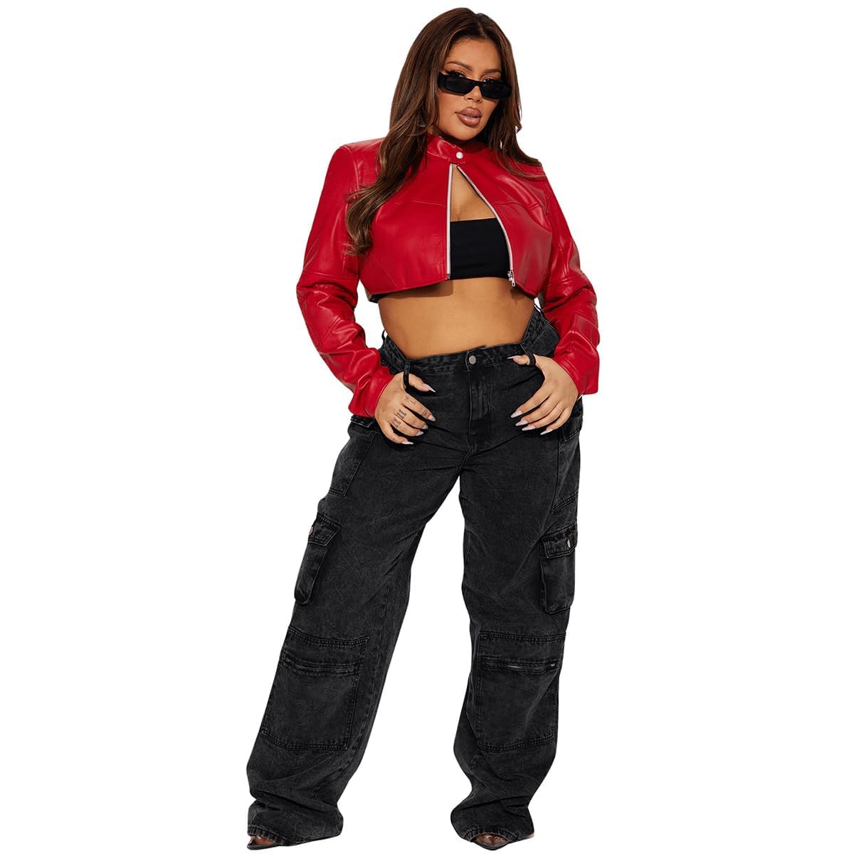 Charyeah Women's Fashion Faux Leather Jacket Crop Short Cropped PU Slim Zip Up Moto Biker Coat Motorcycle Jackets Coat (US, Alpha, Medium, Regular, Regular, Red)