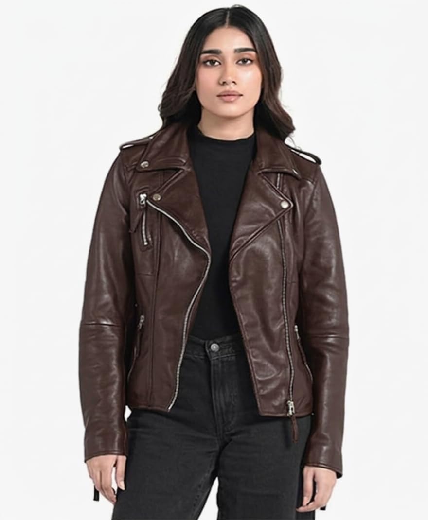 STREGA Women's Lambskin Leather Motorcycle Jacket - Real Leather Biker Jacket Women with Leather Pullers for Timeless Everyday Style | Brown – Large
