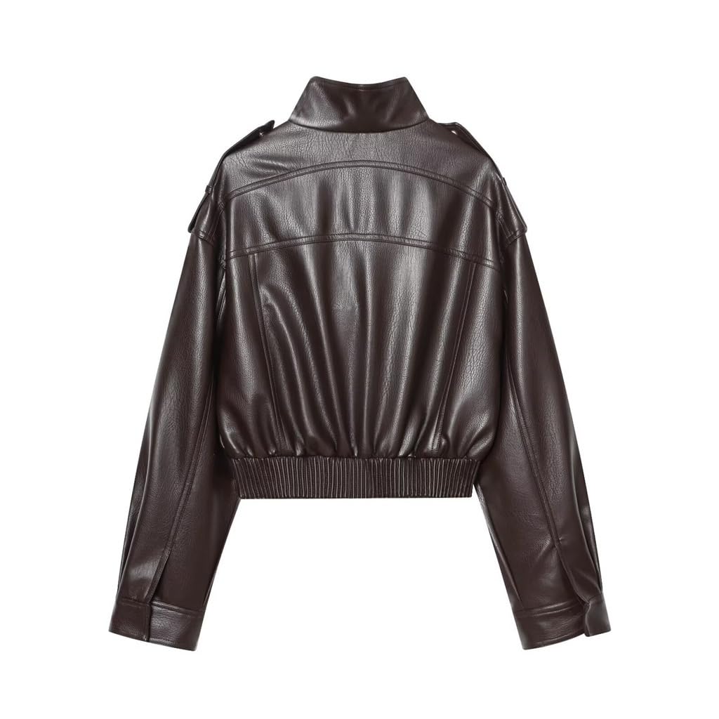 RISCUYY Brown Leather Jacket Women Stand Collar Zip Up Cropped Leather Jacket Women Trendy 2026