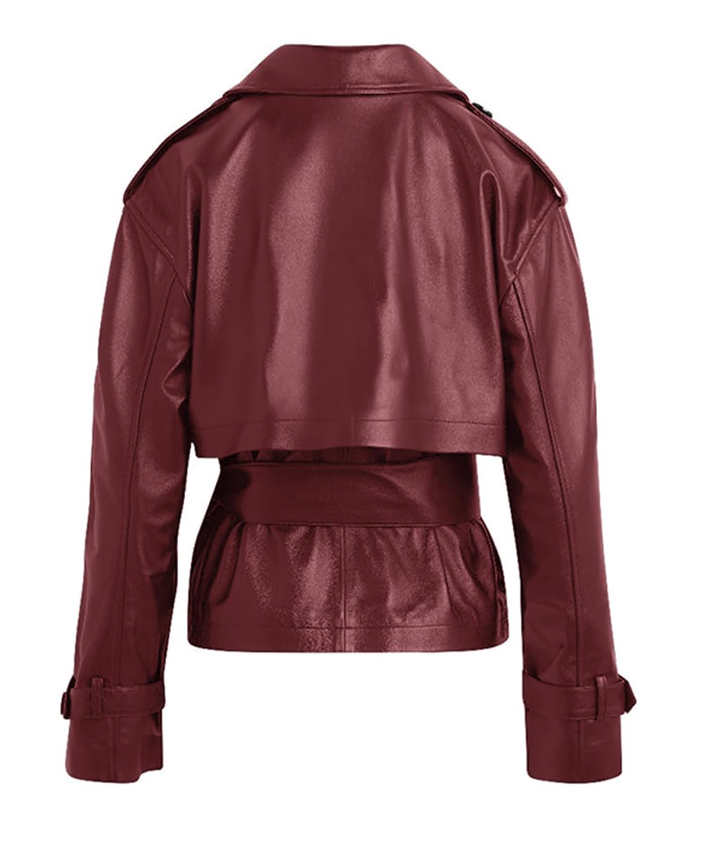 chouyatou Women's Fall Belted Faux Leather Jacket Modo Business Casual Faux Leather Short Trench Coat (Medium, Red)