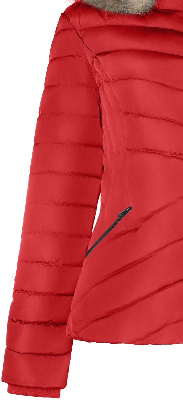 BodiLove Women's Everyday Warm Winter Quilted Puffer Short Coat High Collar Jacket with Removable Faux Fur Hood Zipper Vegan Leather Piping Water Resistant Wind Blocker Red M