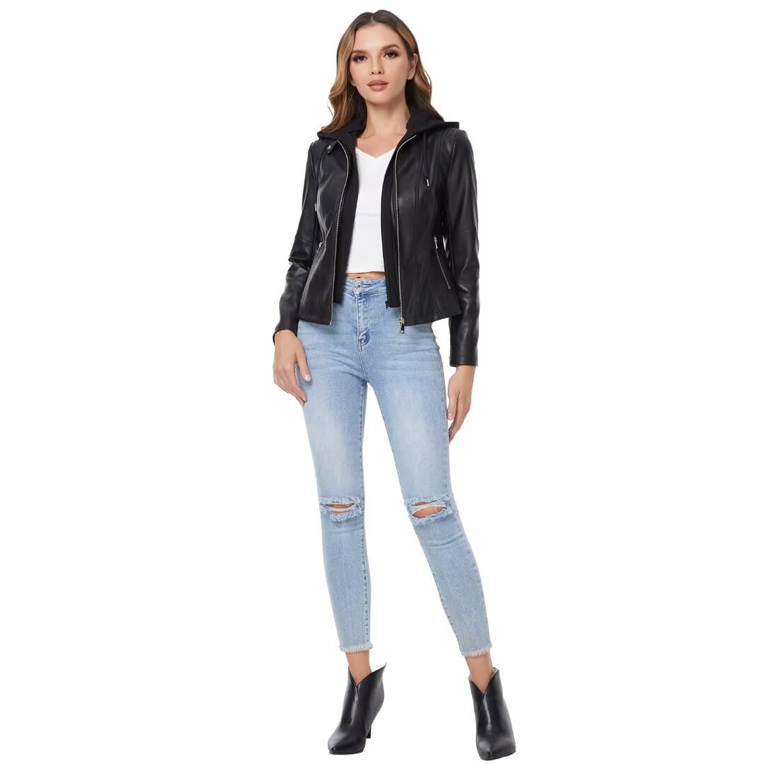 DIASHINY Faux Leather Jacket For Women Removable Hooded Moto Biker Coat Black M