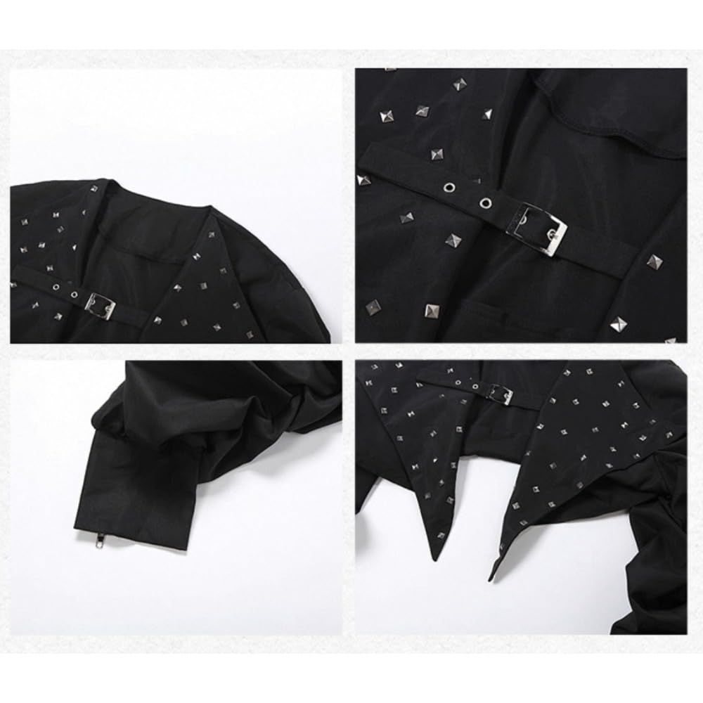 Xojbzoo Women's Y2K Belted Black Motorcycle Jacket Pleated Long Sleeve Super Short Coat Trendy Summer Fashion (US, Alpha, Small, Plus, Short, Black1)