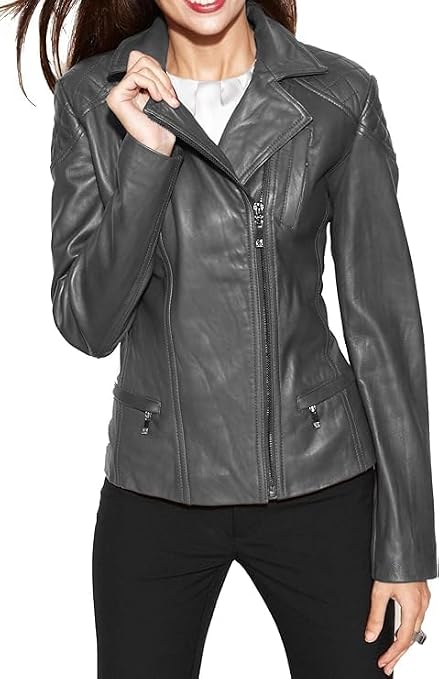 Captain Cory Womens Bambert Grey Lambskin Genuine Leather Jacket, Biker Jacket-A Perfect Leather Jacket for your Valentine