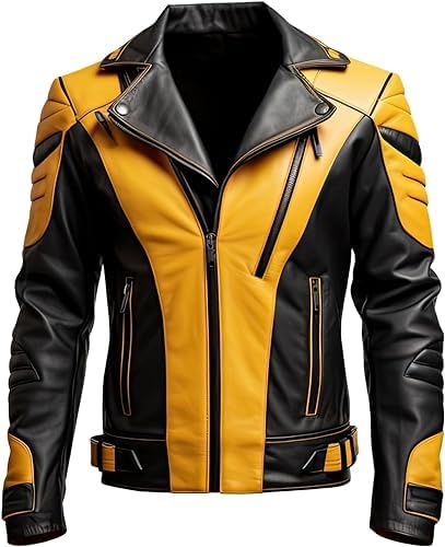 GOKTOG Men's Biker Multi Color Leather Jacket, Leather Biker Jacket for Men, Faux Leather Biker Bomber Jacket (US, Alpha, 3X-Large, Regular, Regular, Black and Yellow)