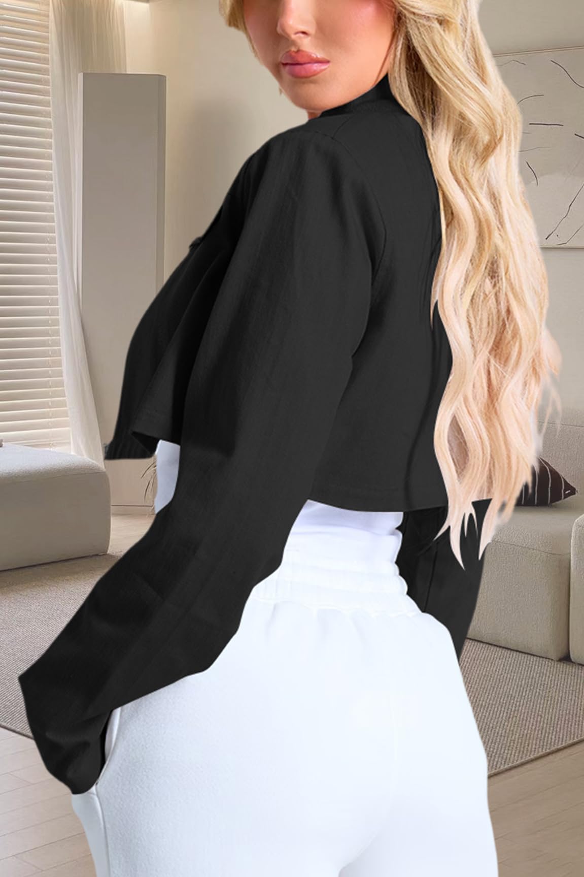 RomMoon Women's Cropped Jacket Casual Zip Up Long Sleeve Lapel Crop Tops Jackets Coat
