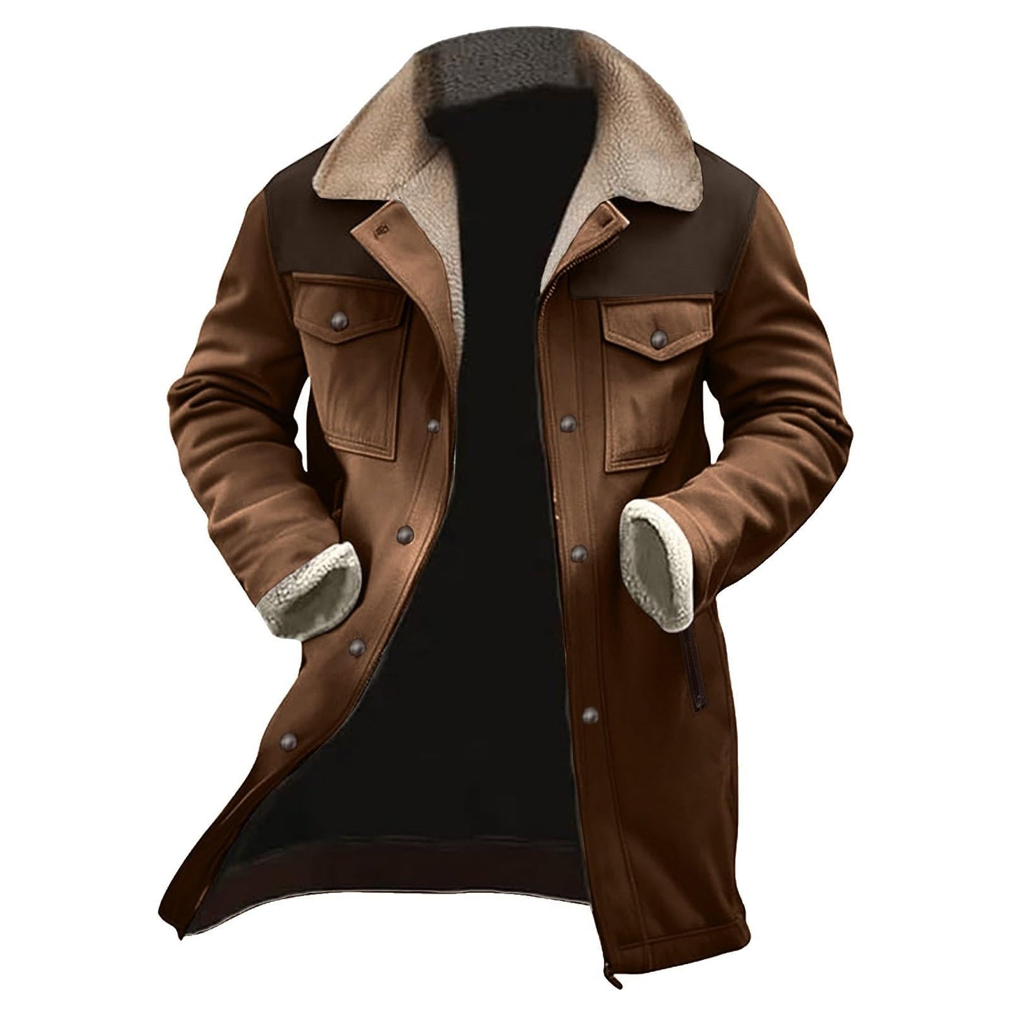 Mens Western Cowboy Vintage Suede Jacket Plush Collar Coats Faux Leather Winter Long Jackets Zip Up Casual Retro Tops(1C-Khaki, XL)