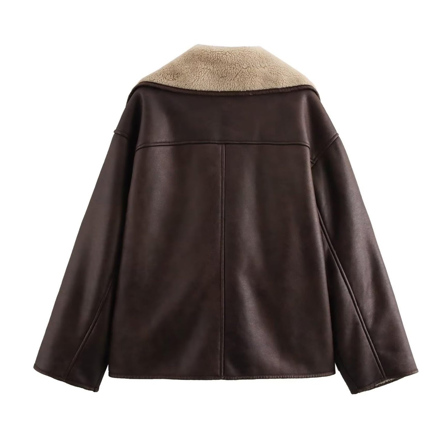 Perbai Women's Lapel Fleece Lined Single Breasted Faux Suede Jacket Oversized Leather Trucker Coat(Brown-S)
