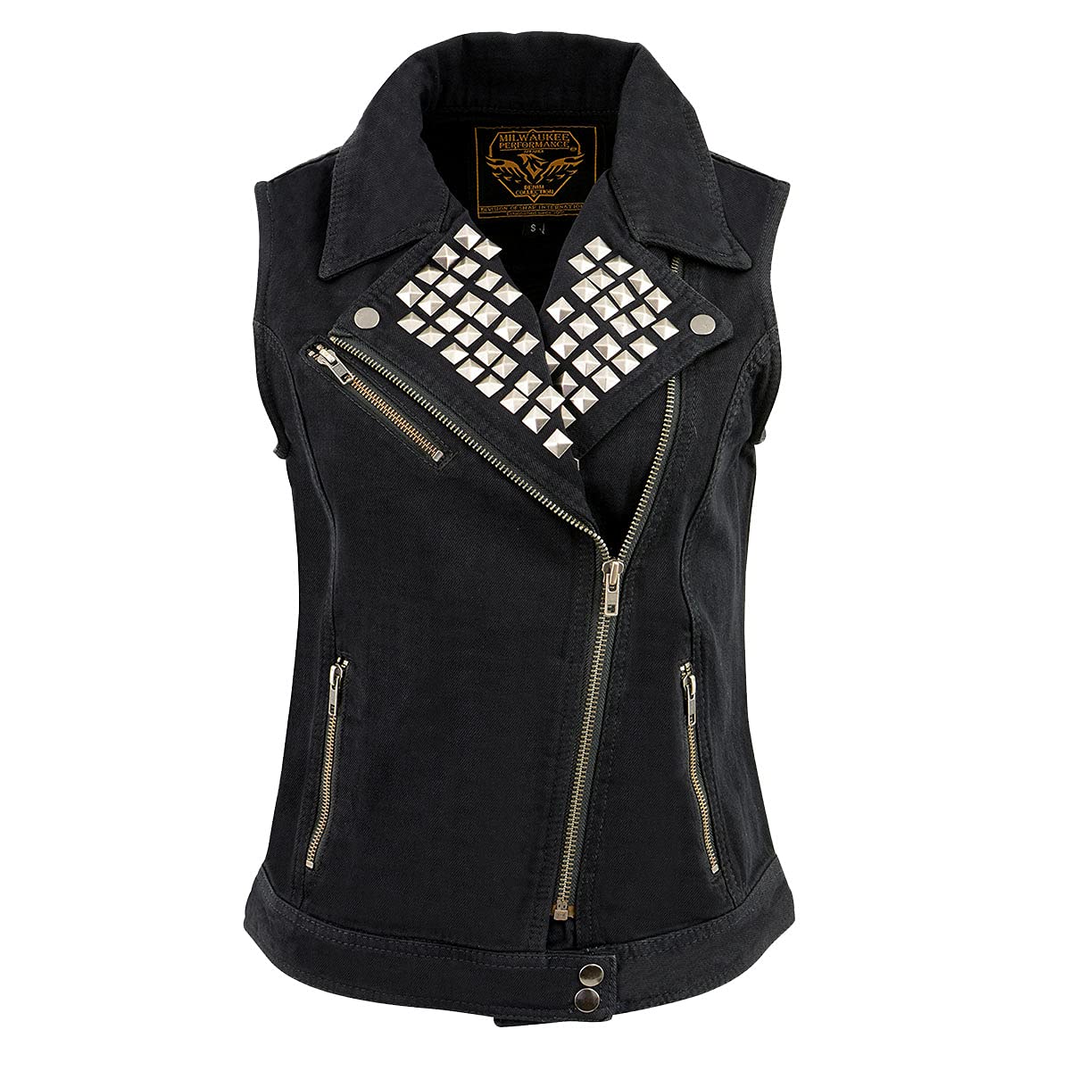 Milwaukee Leather MDL4030 Women's Black Denim Zipper Front Motorcycle Vest with Studded Spikes - Medium