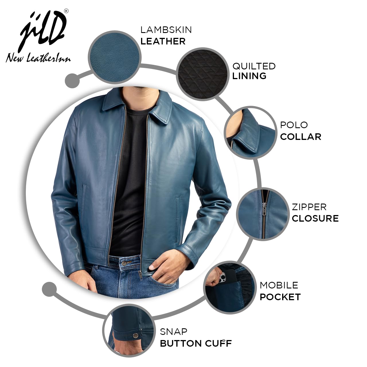 Jild Polo Collar Premium Leather Jacket Men - Old School Classic Style Everyday Wear Real Lambskin Mens Leather Jacket (Polo-Blue-3XL)