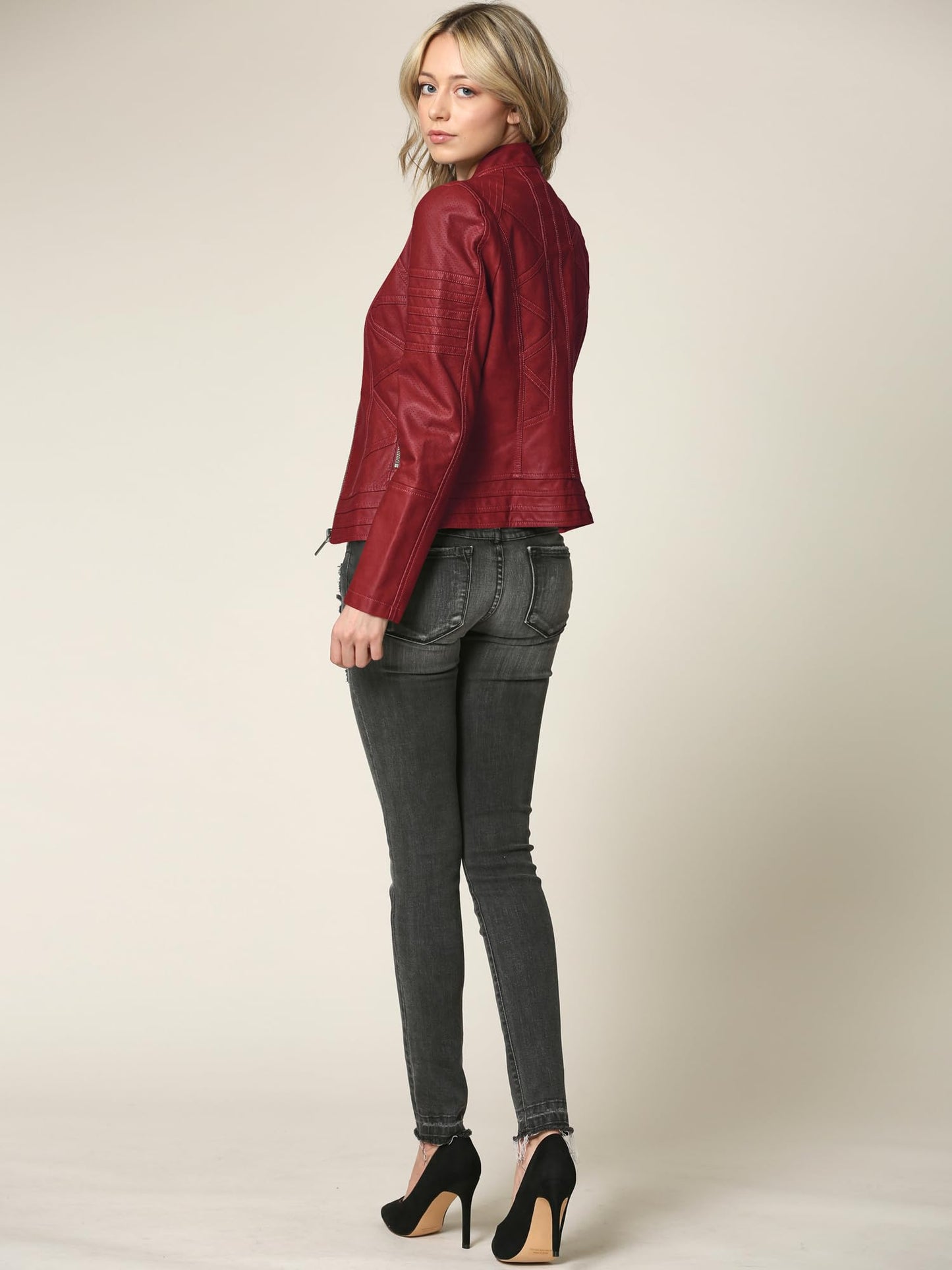MBJ WJC746 Womens Vegan Leather Motorcycle Jacket S RED