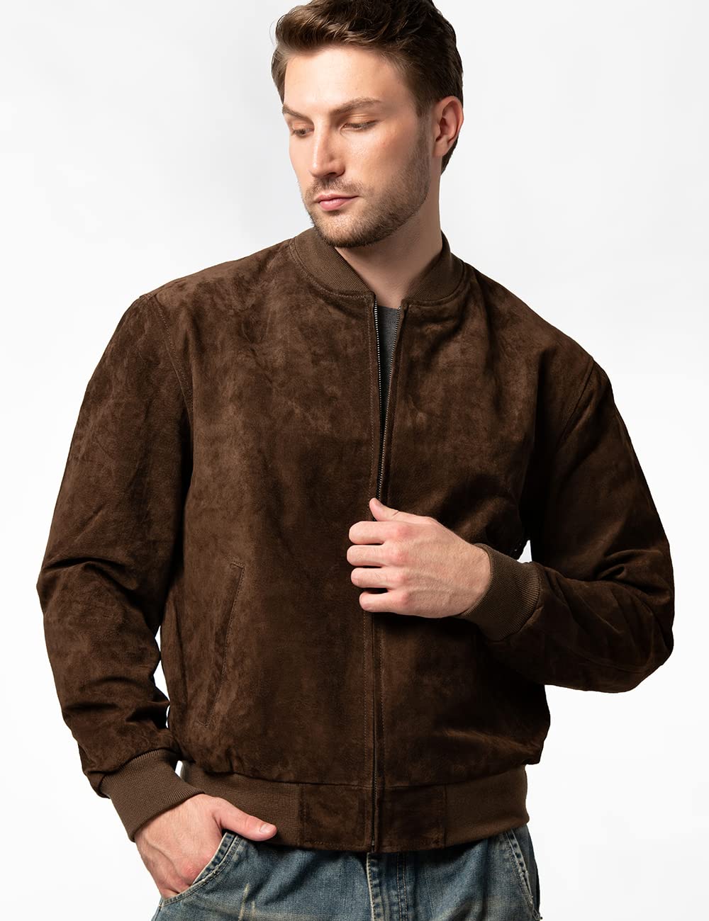 FLAVOR Men's Leather Baseball Jacket Vintage Suede Pigskin. (Large, Dark Brown)