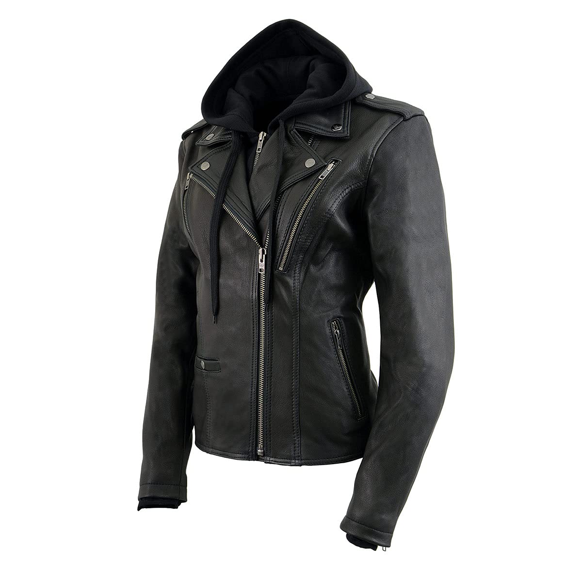 Milwaukee Leather MLL2575 Women's Black Leather Vented Motorcycle Jacket w/Removable Hoodie - Large