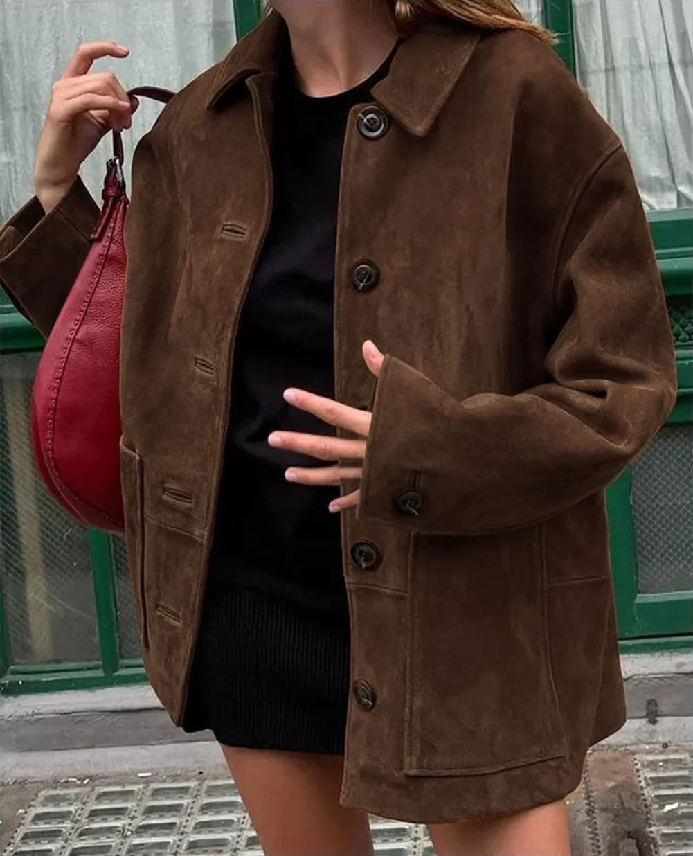 chouyatou Women's Fall Boyfriend Faux Suede Leather Jacket Casual Midi Long Button Down Shacket Coat (Medium, Coffee)