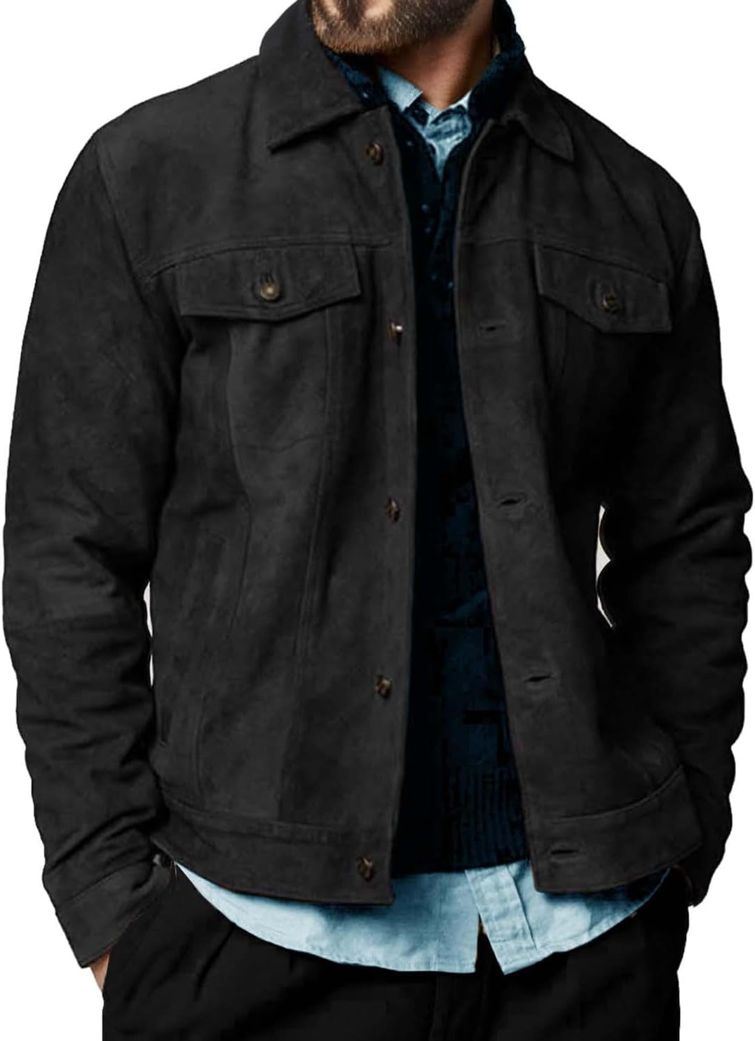 Men's Suede Leather Jacket Real Lambskin Suede Casual Leather Jackets For Men Suede Trucker Coat for Mens (US, Alpha, Large, Regular, Regular, Black)