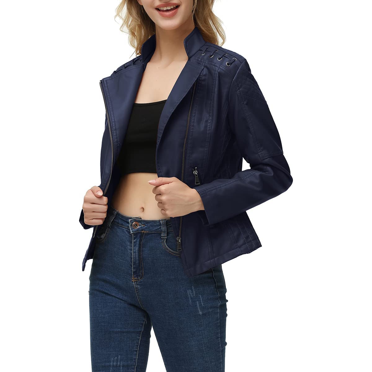 MODFUL Women's Faux Leather Moto Jacket Casual Short Solid Color PU Biker Coat with Pockets(Navy,Large)