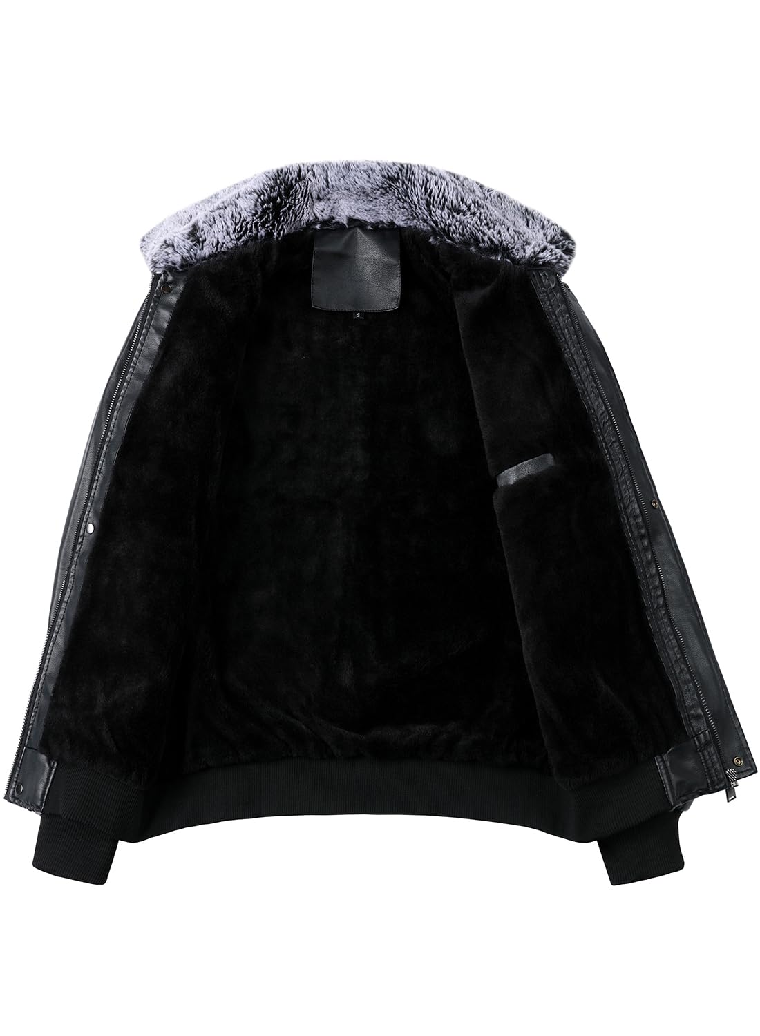 HOOD CREW Mens Faux Leather Flight Bomber Jacket with Fur Collar Winter Warm Fleece Lined Jackets Black L