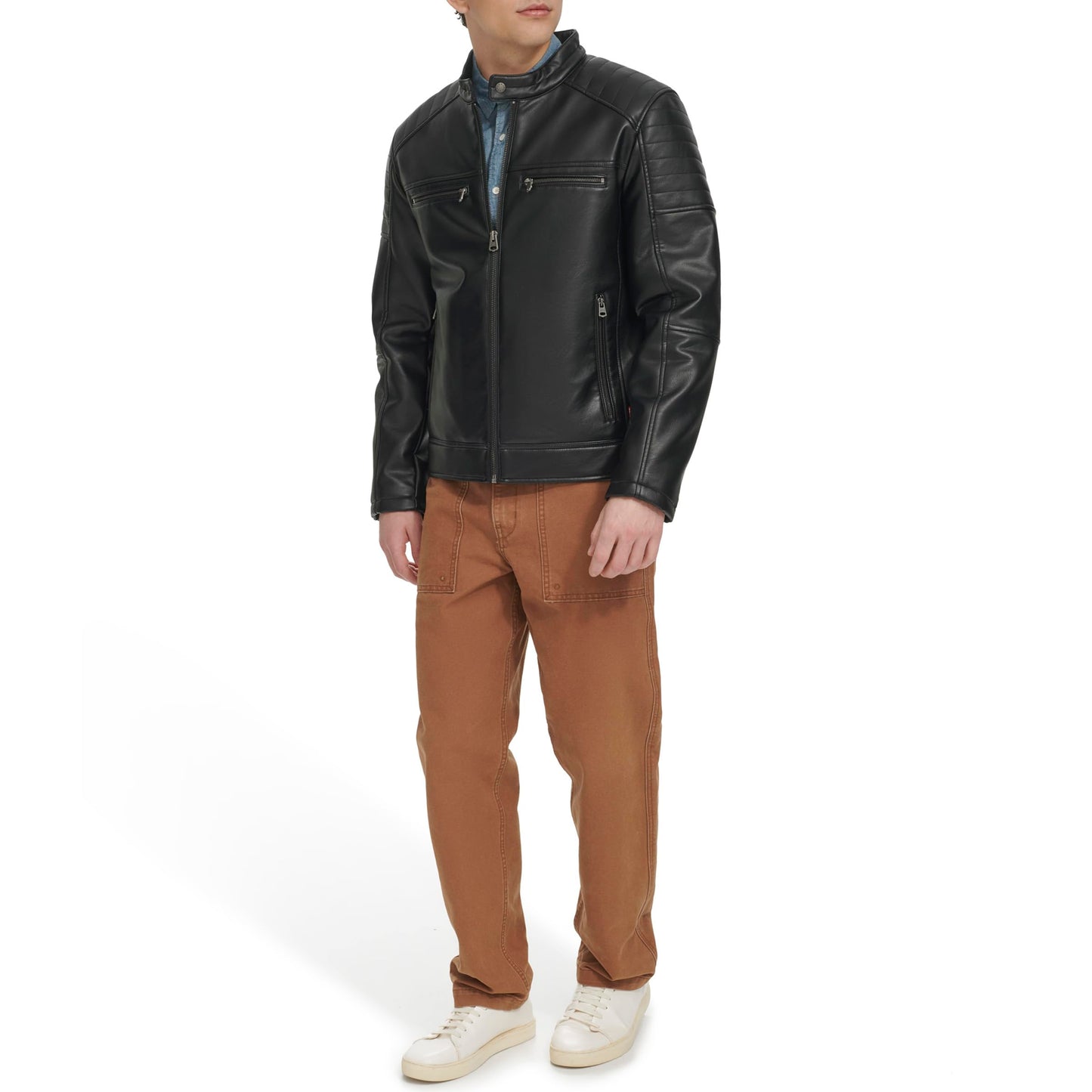 Levi's Men's Faux Leather Hooded Racer Jacket, Black Quilt Lined, Large