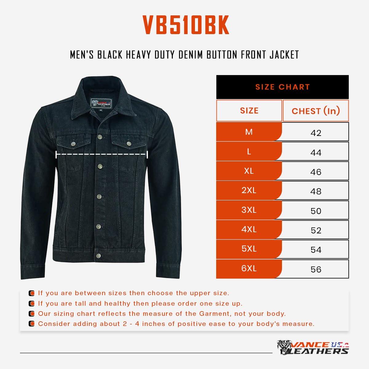 Vance VB510BK Men's Black Heavy Duty Trucker Denim Button Front Motorcycle Jacket (Black, XL)