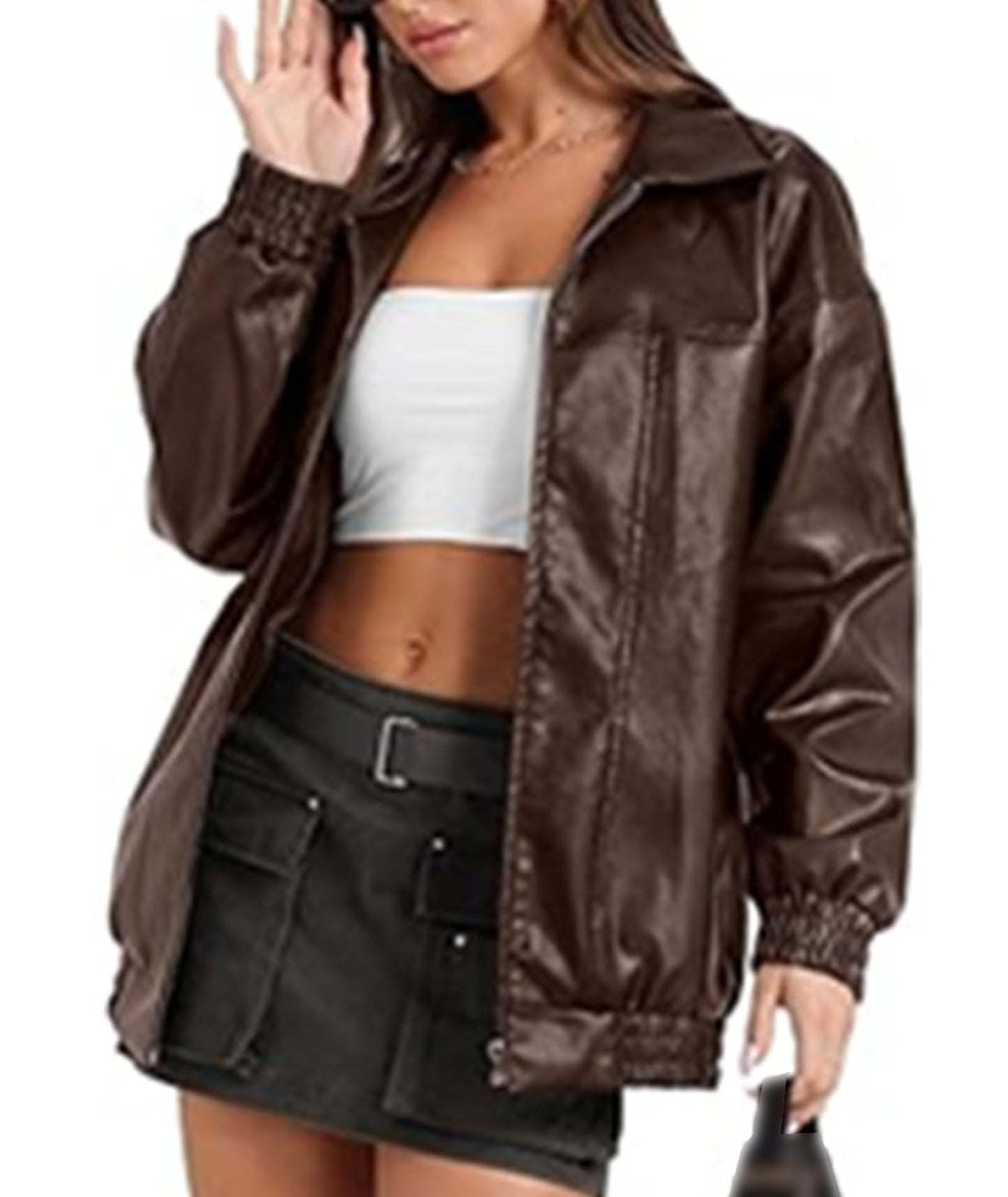 Sexyshine Women's Oversized Faux Leather Jacket Lapel Collar Zip Up Long Sleeve PU Leather Coat Motorcycle Bomber Biker Overcoat(27221CO,2XL)
