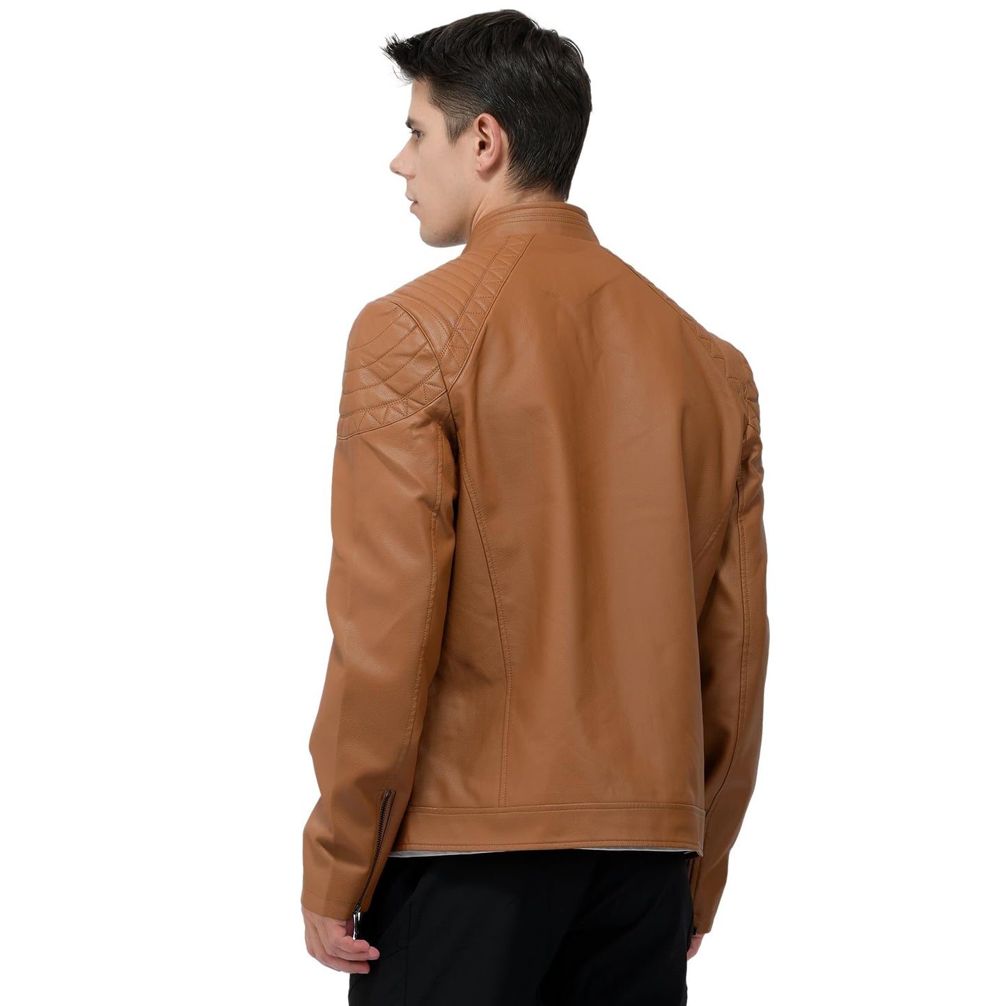 LEDUNTINO Men's Leather Jacket, Stand Collar PU Faux Leather, Zip-Up Motorcycle Bomber Jacket, Slim Fit Biker Coat Brown Large