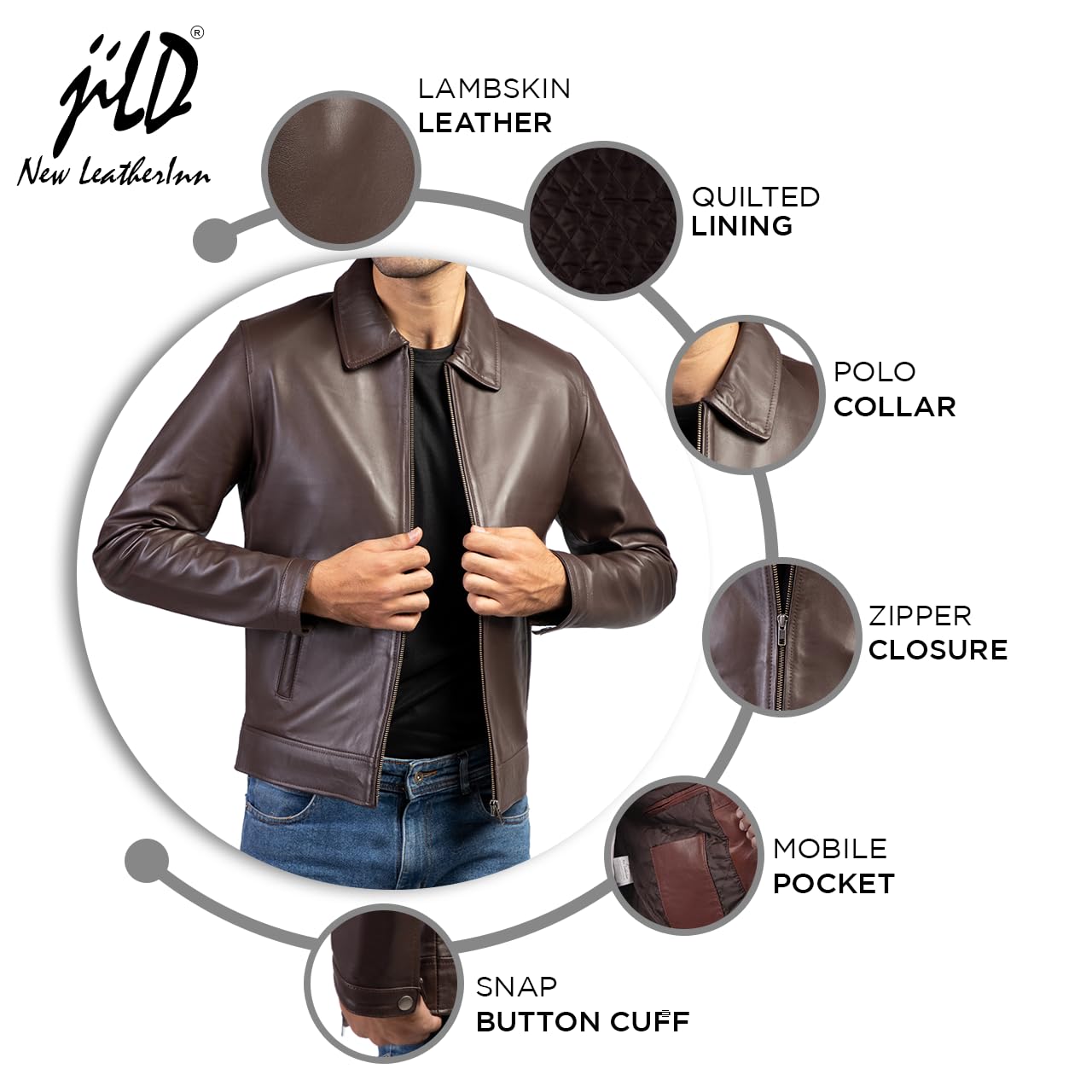 Jild Polo Collar Premium Leather Jacket Men - Old School Classic Style Everyday Wear Real Lambskin Mens Leather Jacket (Polo-Brown-M)