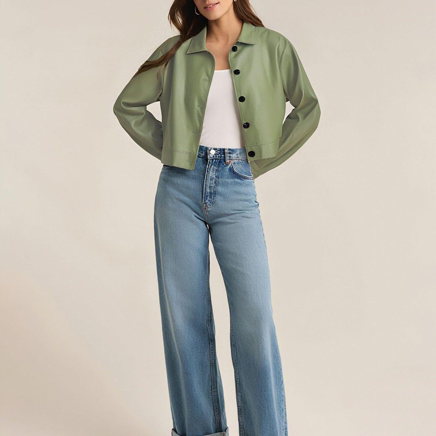 Muzly Women's Faux Leather Cropped Jackets Casual Lightweight Fall Fashion 2025 Winter Coats Outerwear Trendy Clothes(Green,XL)