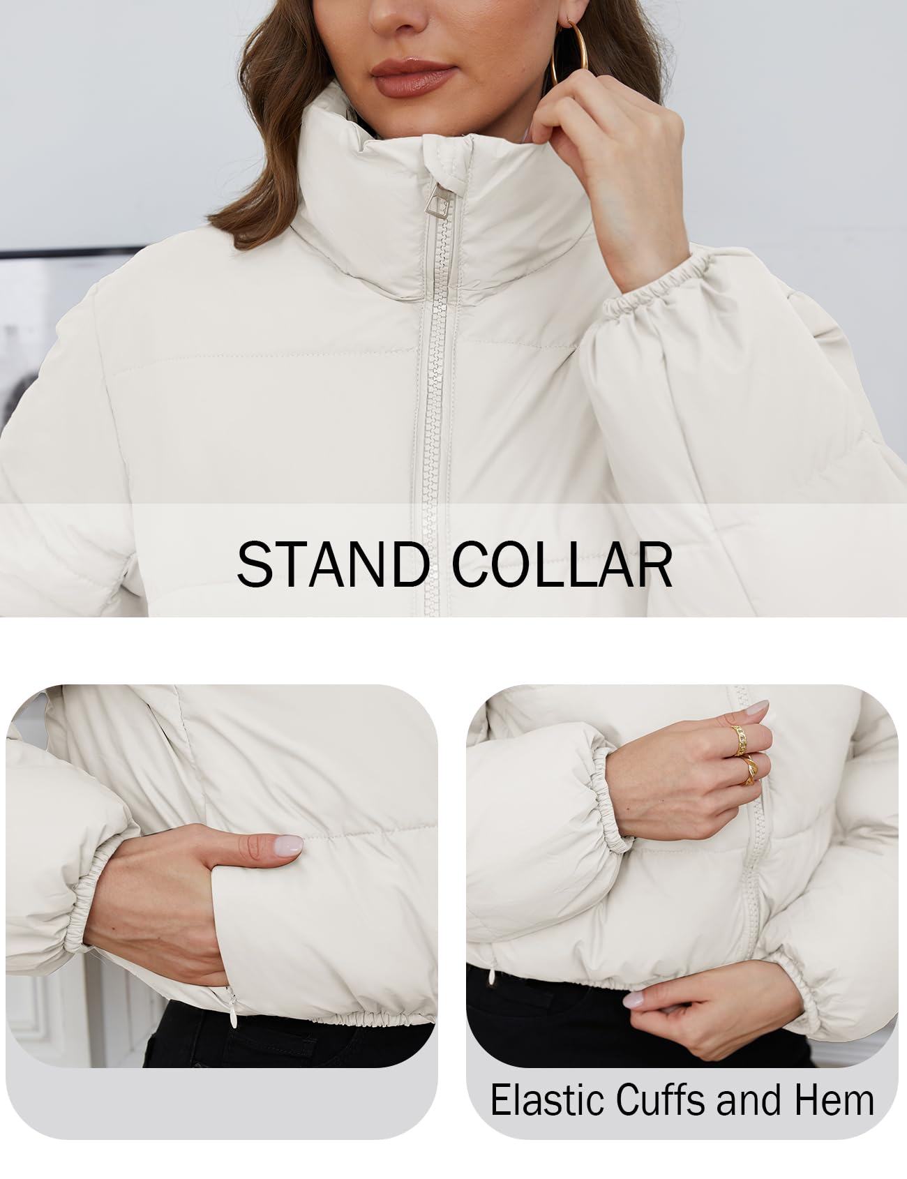 Yimoon Women's Cropped Puffer Jacket Quilted Lightweight Stand Collar Full Zip Short Down Jacket (White-M)