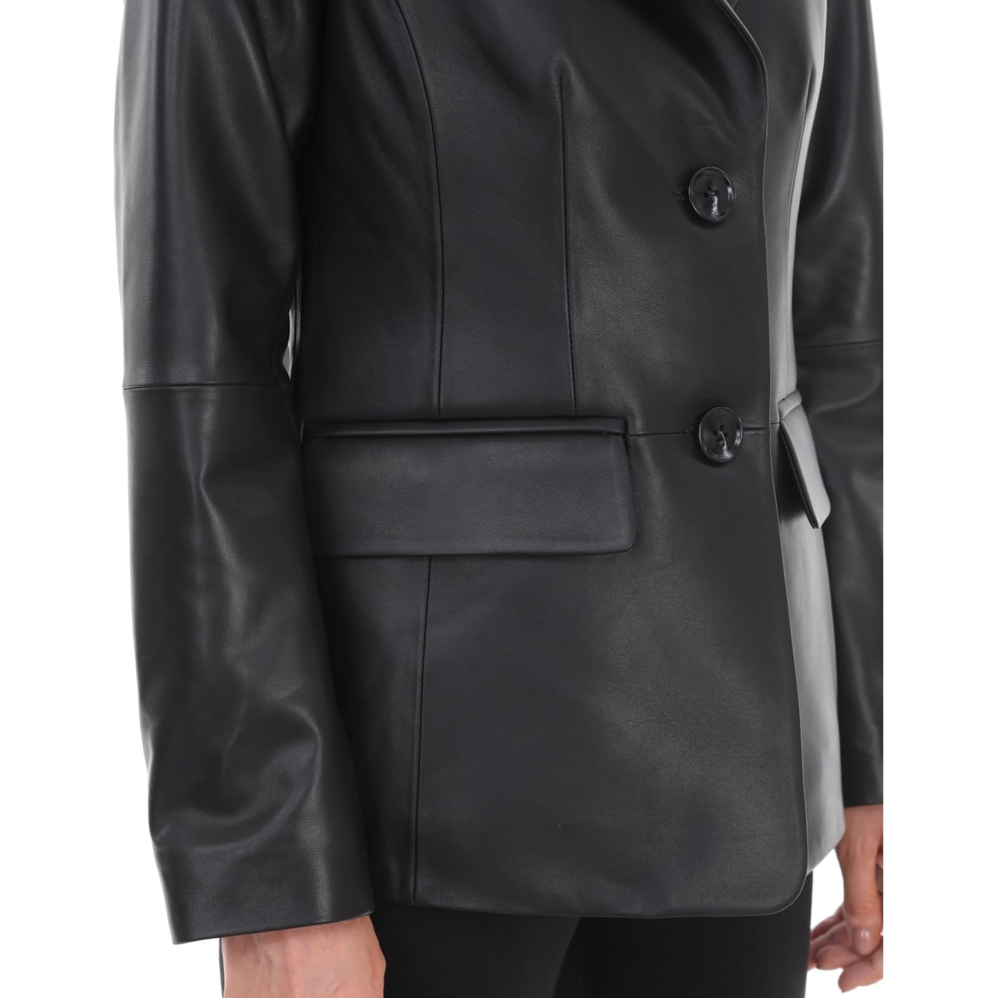 SILVER FASHIONS Lambskin Leather Jacket Women,Long Sleeve Button Front Leather Blazer,Notched Lapel Casual Style,Vent Detail (X-Large,Black)