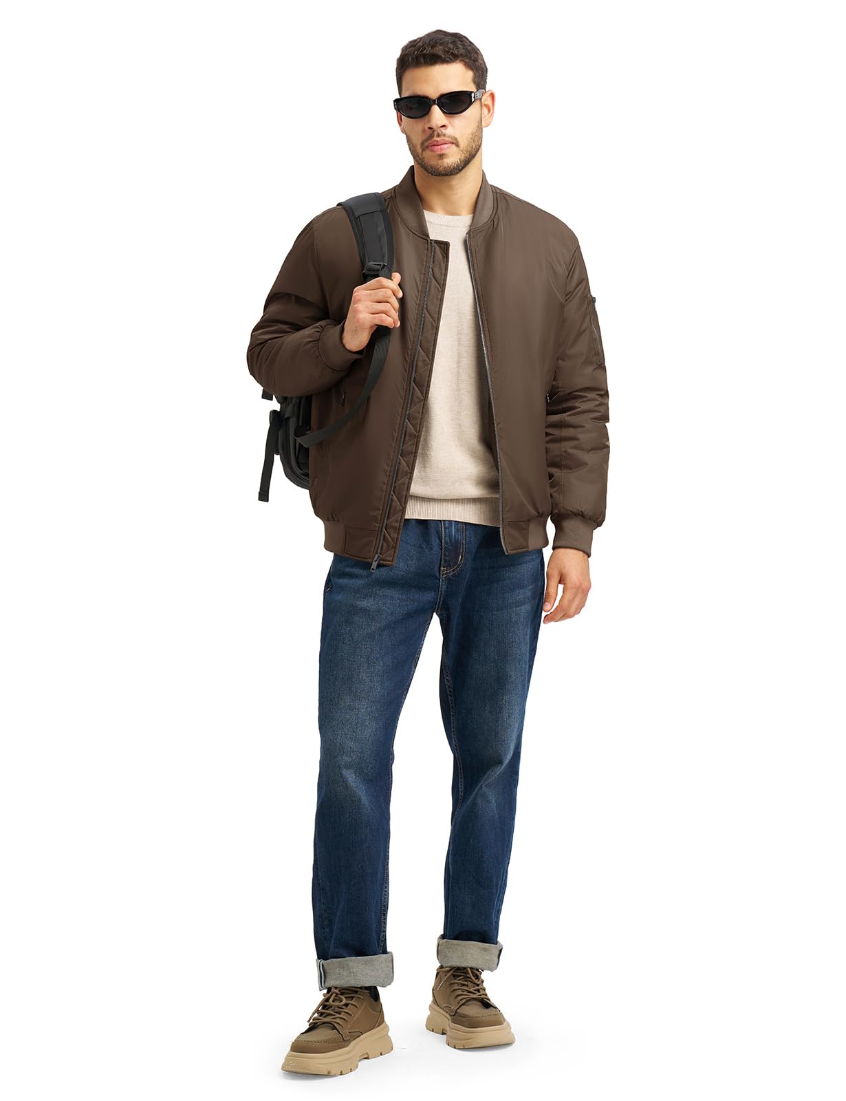 TBMPOY Men's Winter Bomber Jacket Warm Fall Casual Flight Windbreaker Padded Coats Full Zip Stylish Varsity Coffee L