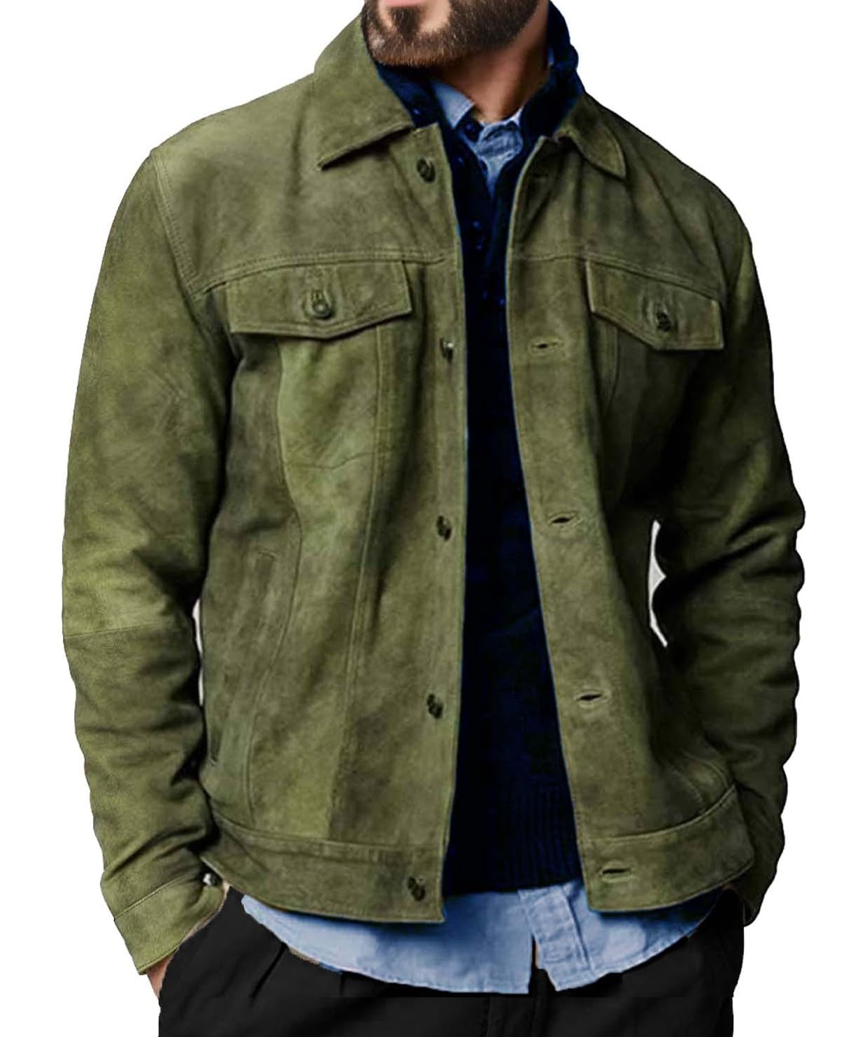 Premium Vintage Trucker Suede Leather Jacket Men Genuine Lambskin Men Leather Jackets Shirt Collar Jackets For Mens (US, Alpha, XX-Large, Regular, Regular, Olive Suede Leather)