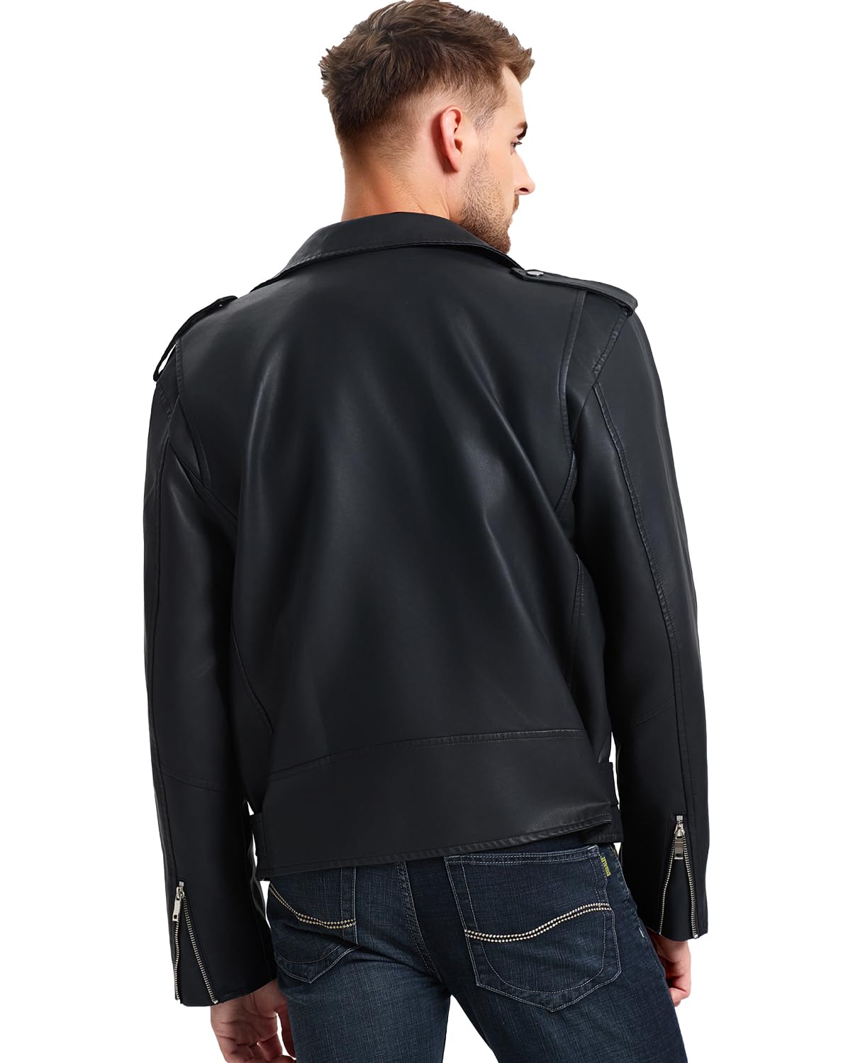 WULFUL Men's Leather Jackets, Faux Bomber Jacket for Men Motorcycle Lapel Asymmetric Zip-Up Slim Fit Biker Coat