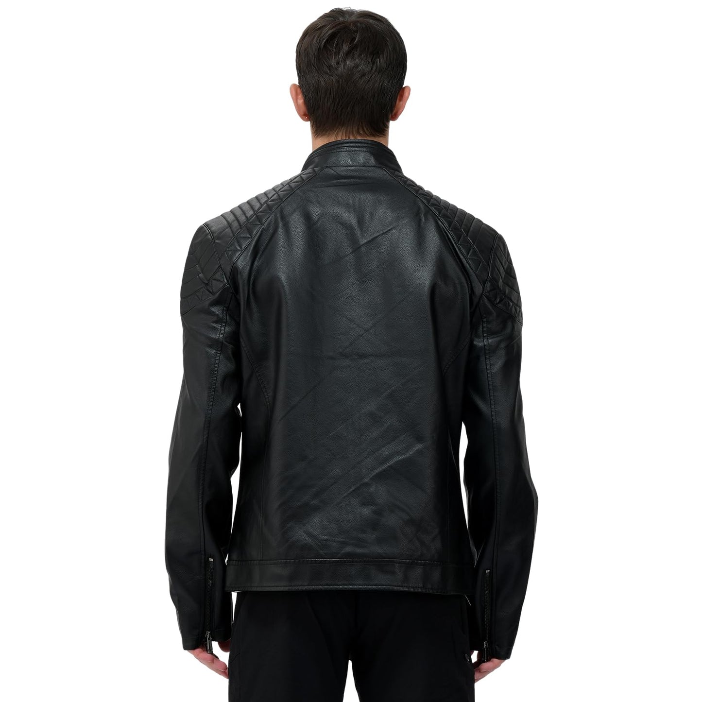 LEDUNTINO Men's Leather Jacket, Stand Collar PU Faux Leather, Zip-Up Motorcycle Bomber Jacket, Slim Fit Biker Coat Black Large