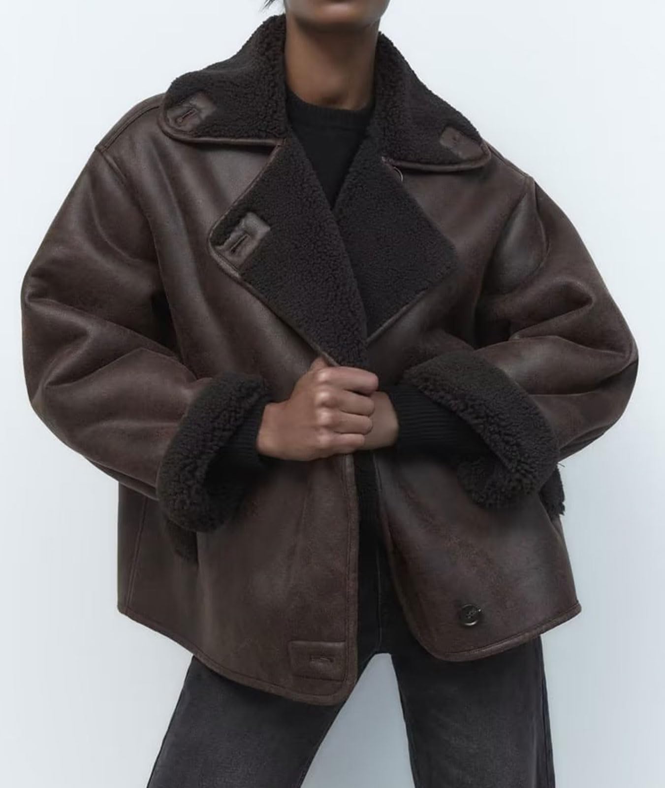 loveimgs Women Thicken Sherpa Lined Faux Suede Jacket Oversized Leather Coat Shearling Fleece Moto Jacket Biker Winter Overcoat (Medium, Brown)