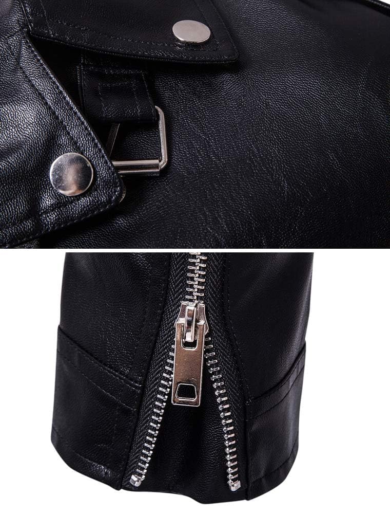 PASOK Men's PU Leather Jacket Causal Belted Faux Leather Motorcycle Jacket Zipper Biker Coat Black L