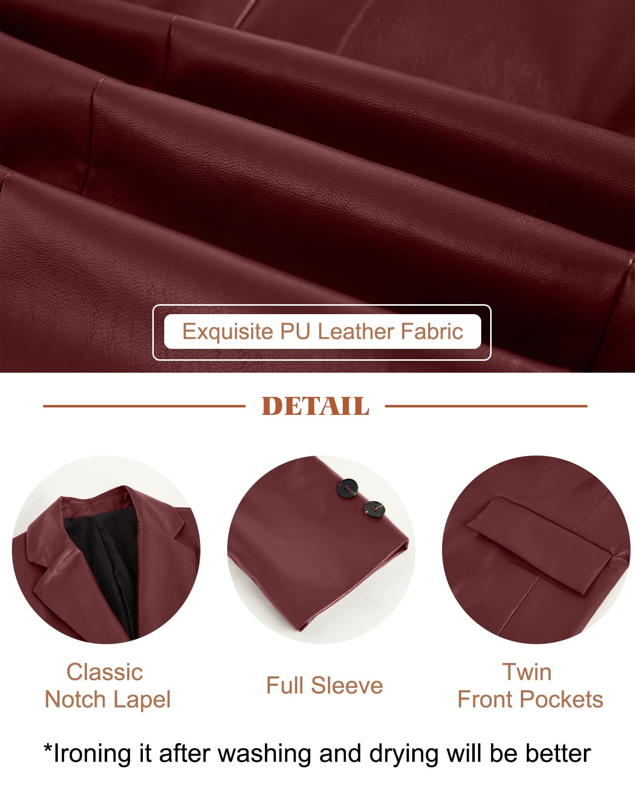 Pepochic Womens Oversized Leather Jacket Long Sleeve Faux Leather Blazer Lapel Button Down Leather Shacket Coat with Pockets Burgundy Red, Medium