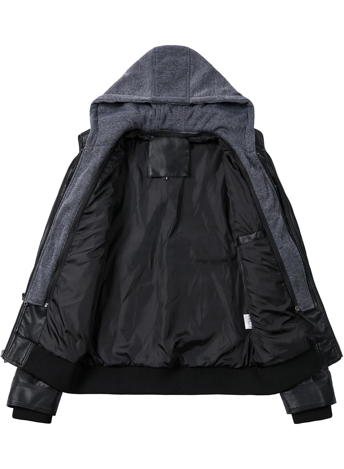 HOOD CREW Men Faux Leather Jacket with Detachable Hood Casual Motorcycle Bomber Jackets Outerwear Black L