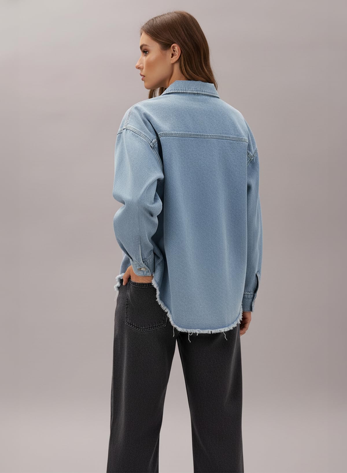 Dokotoo Jean Jacket Women Spring Summer Fall Country Concert Outfits Casual Long Sleeve Denim Shirt Distressed Boyfriend Denim Jacket Shackets Western Jean Jacket Womens Clothing Sky Blue Jackets L