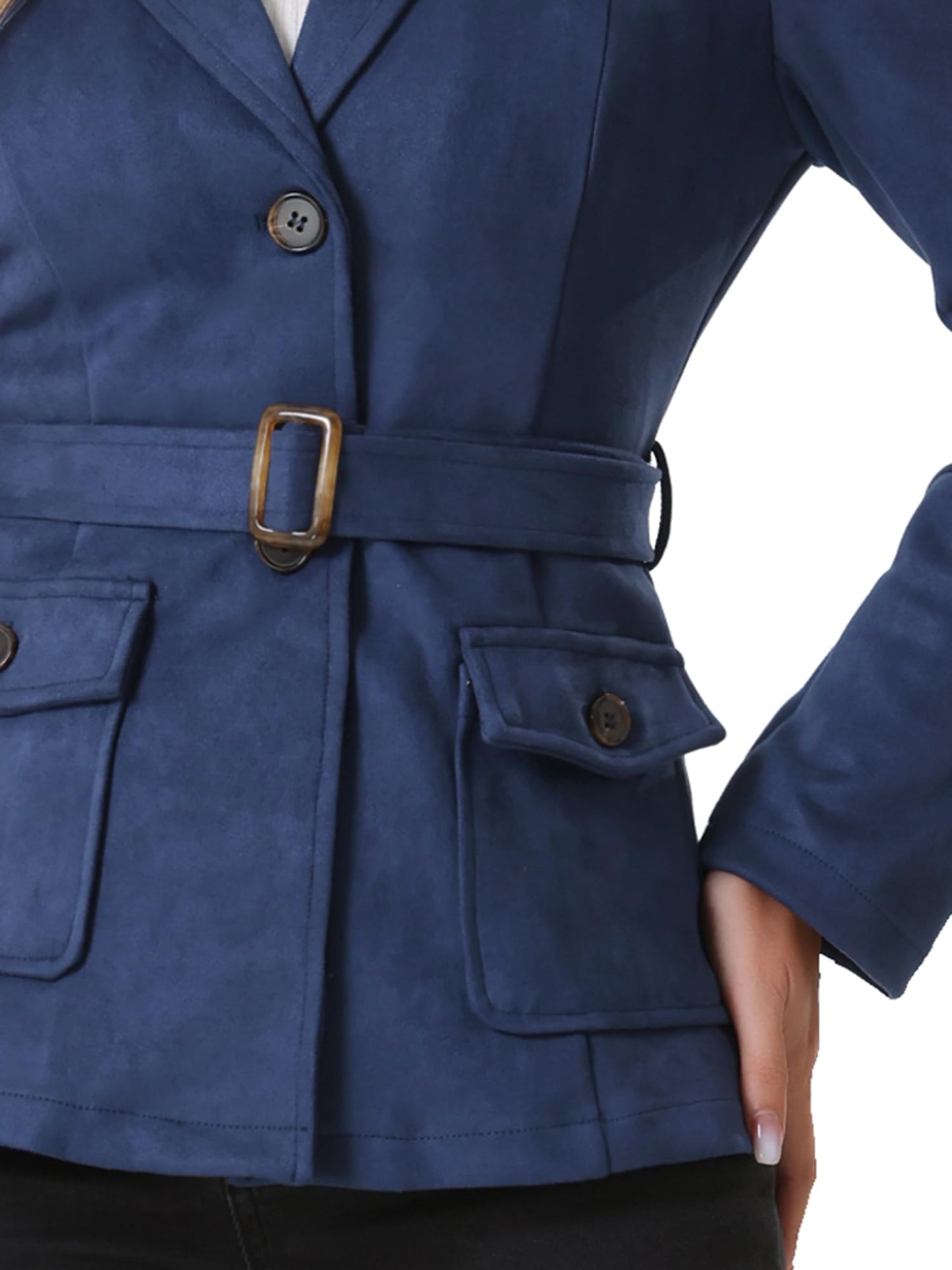 Allegra K Women's Faux Suede Blazer Belted Lapel Outwear Single Breasted Work Jacket Large Dark Blue
