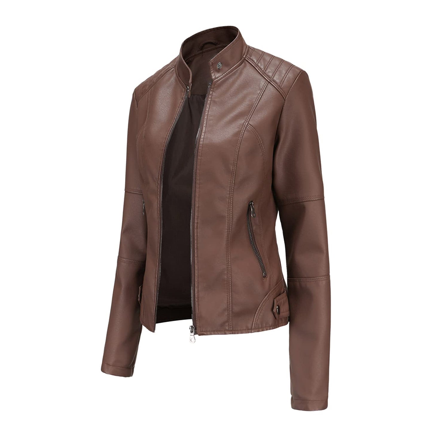 DEAR MODEL Faux Leather Jacket Women Bomber Jacket Women's Belted Motorcycle Jacket,Brown,M