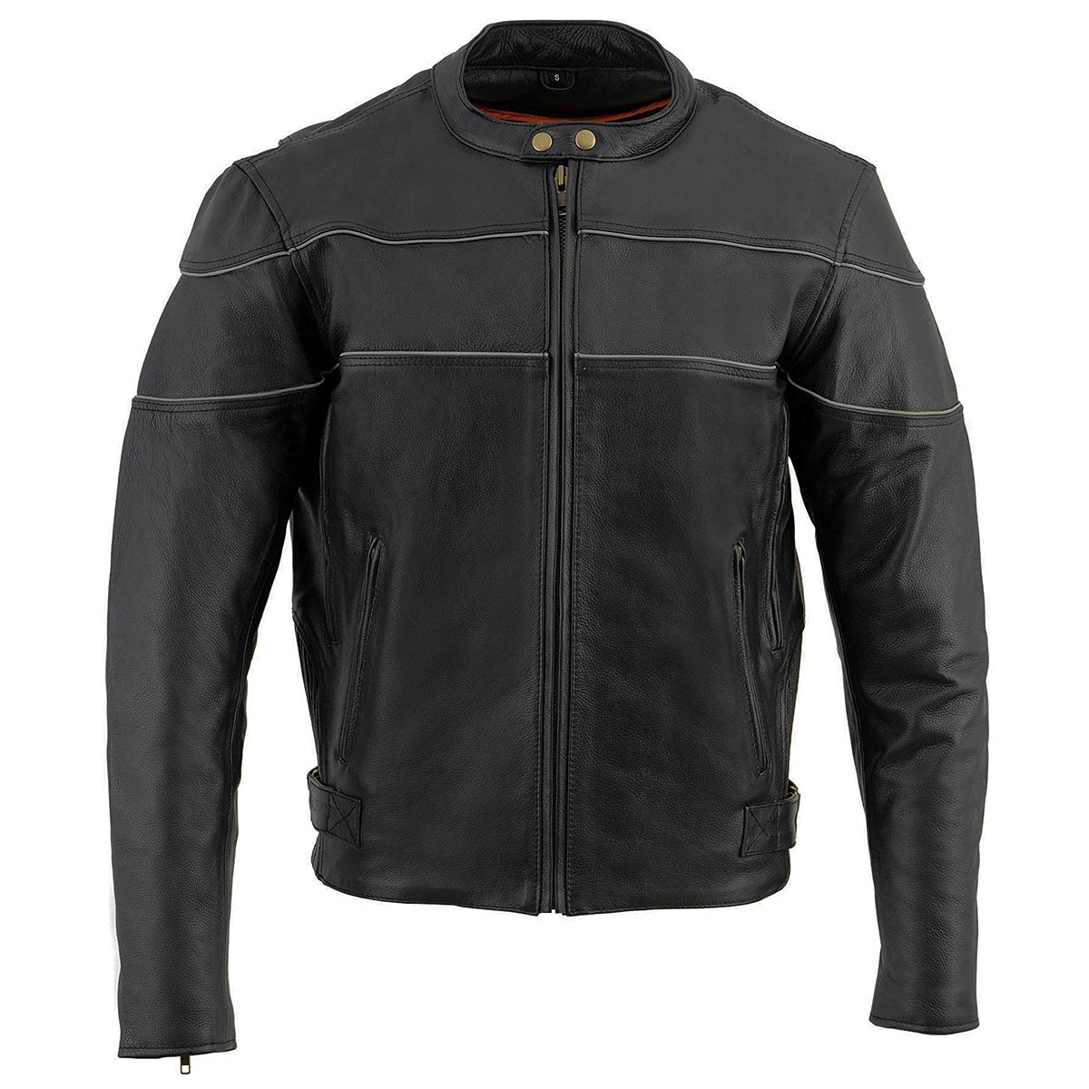 Milwaukee Leather SH1785 Men's Black Leather Scooter Style Motorcycle Jacket w/Side Stretch and Reflective Piping - Large