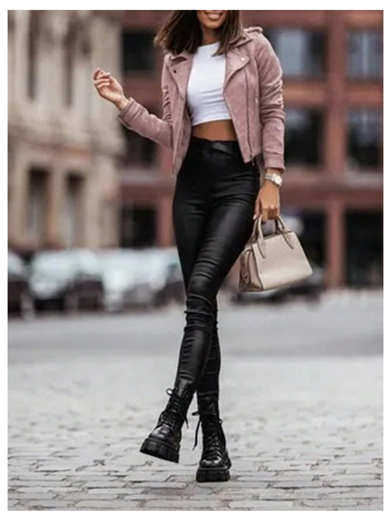 winkbay Women's Faux Suede Motorcycle Jacket Vintage Zip Up Lapel Collar Casual Biker Bomber Jackets Outerwear Light Pink Medium