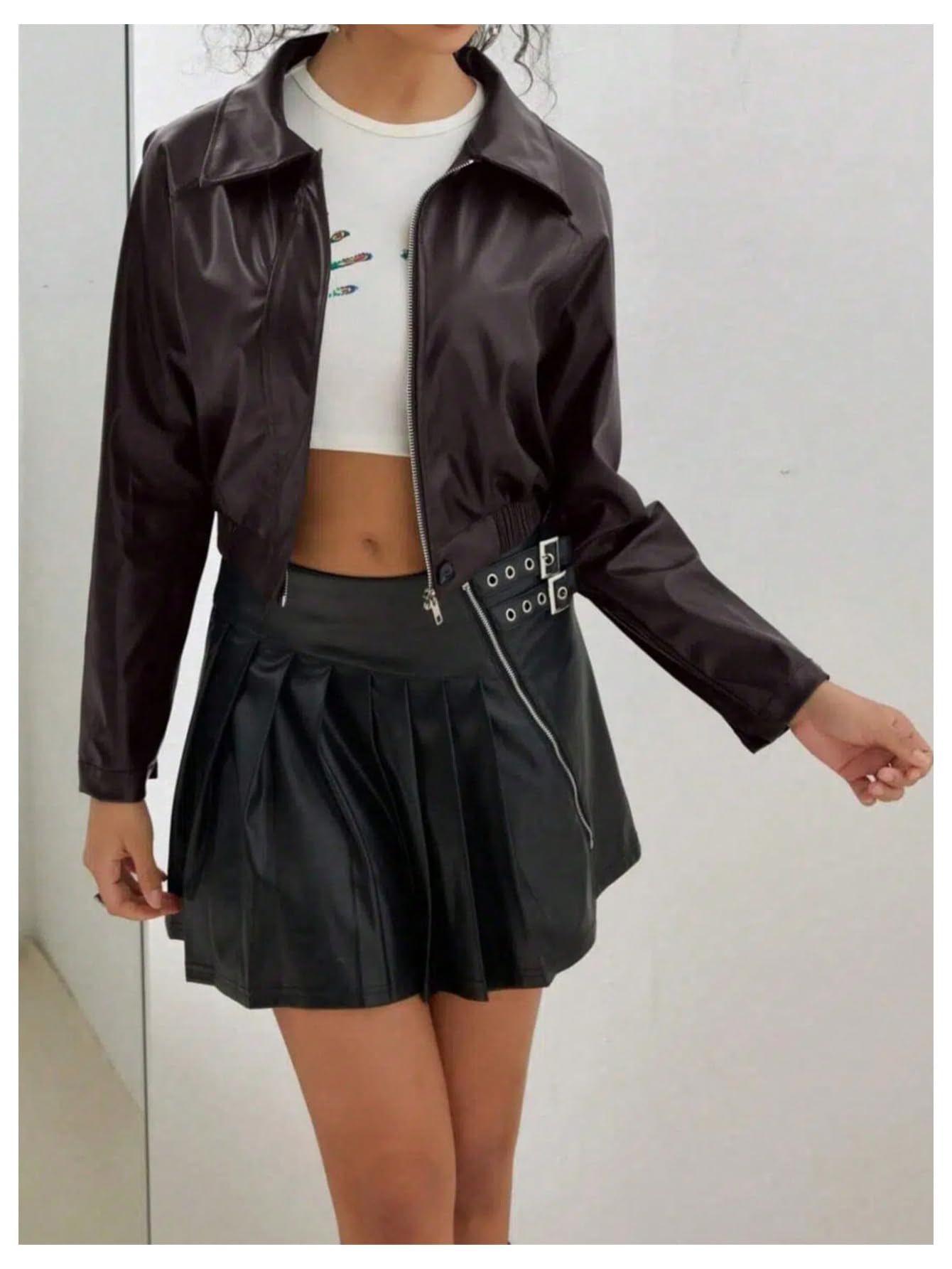 GORGLITTER Women's Leather Jacket Zip Up Cropped Motorcycle Biker Coat Trendy Spring Bomber Jackets Streetwear Brown Medium