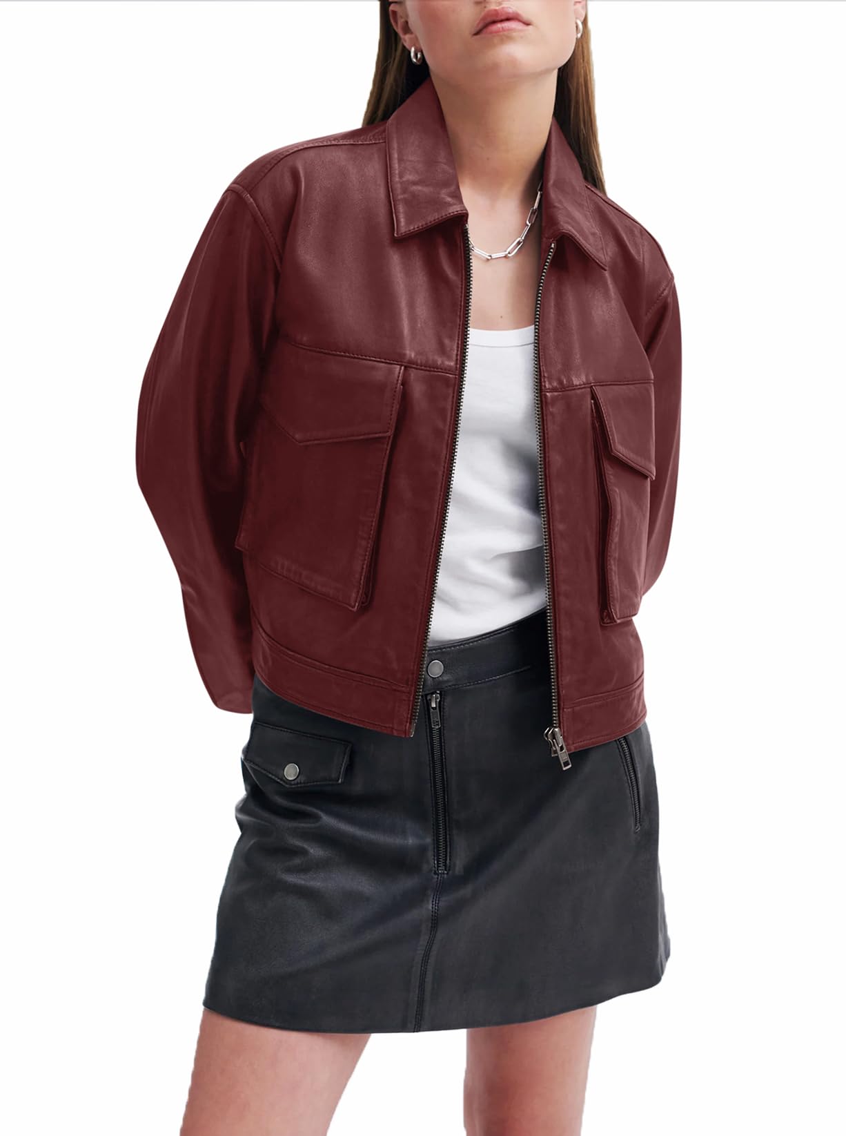 BZB Red Leather Jacket for Women Oversized Zip Up Casual The Fall Fashion Bomber Jacket Pockets Cropped Moto Jacket Woman Wine Red XL