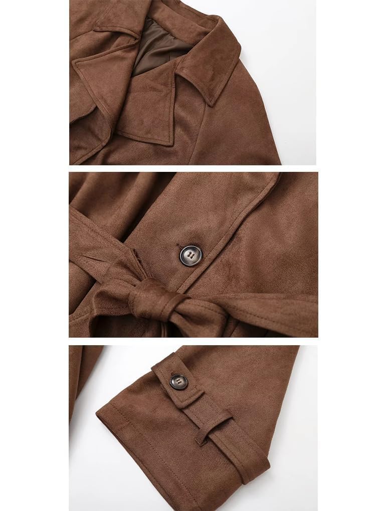 uhbkezy Brown Faux Suede Trench Coat Women Long Suede Leather Jacket 2025 Fall Winter Coats Warm Double Breasted Blazer Pea Coat Overcoat with Belt (Brown,S)