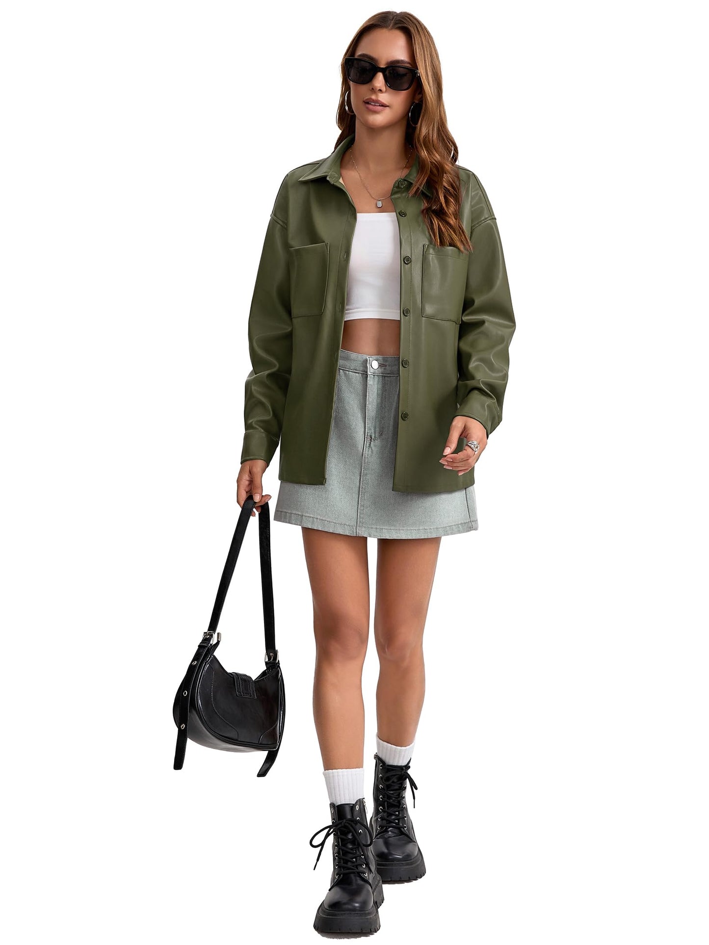 Haianguoji Women's Faux Leather Button-Down Shirt Jacket Lightweight Long Sleeve PU Blouse Shacket Tops (Green, M)